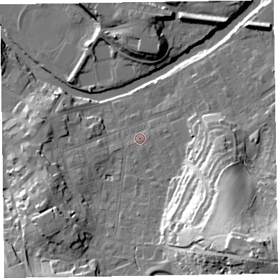 Shaded relief map of the ground around CA124EP, computed from Environment Agency LiDAR. The ground here sits at about 86 m above sea level and falls 48 m across the surrounding 800 m. Surface water reaching this point runs off ground lying to the south-east, 38.9 m higher.