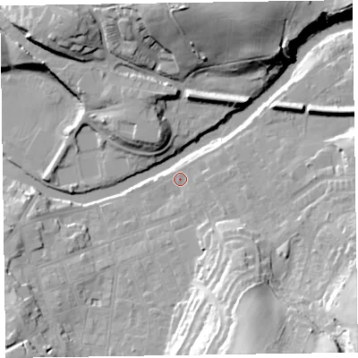 Shaded relief map of the ground around CA124HB, computed from Environment Agency LiDAR. The ground here sits at about 87 m above sea level and falls 34 m across the surrounding 800 m. Surface water reaching this point runs off ground lying to the south-east, 27.7 m higher.