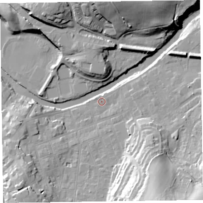 Shaded relief map of the ground around CA124HD, computed from Environment Agency LiDAR. The ground here sits at about 86 m above sea level and falls 37 m across the surrounding 800 m. Surface water reaching this point runs off ground lying to the south-south-east, 31.5 m higher.