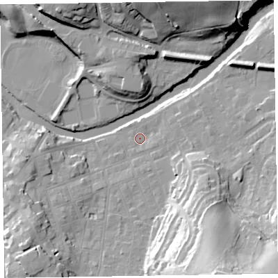 Shaded relief map of the ground around CA124HE, computed from Environment Agency LiDAR. The ground here sits at about 85 m above sea level and falls 41 m across the surrounding 800 m. Surface water reaching this point runs off ground lying to the east, 2.6 m higher.