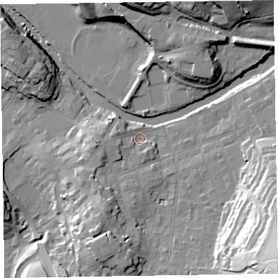 Shaded relief map of the ground around CA124HF, computed from Environment Agency LiDAR. The ground here sits at about 84 m above sea level and falls 43 m across the surrounding 800 m. Surface water reaching this point runs off ground lying to the south-south-west, 8.7 m higher.