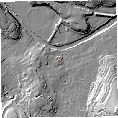 Shaded relief map of the ground around CA124HG, computed from Environment Agency LiDAR. The ground here sits at about 86 m above sea level and falls 46 m across the surrounding 800 m. Surface water reaching this point runs off ground lying to the south-south-west, 3.4 m higher.