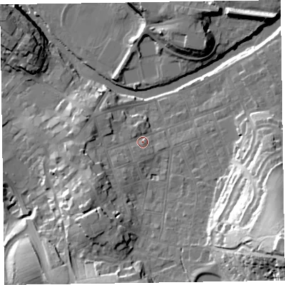 Shaded relief map of the ground around CA124HP, computed from Environment Agency LiDAR. The ground here sits at about 87 m above sea level and falls 47 m across the surrounding 800 m. Surface water reaching this point runs off ground lying to the south-west, 11.1 m higher.
