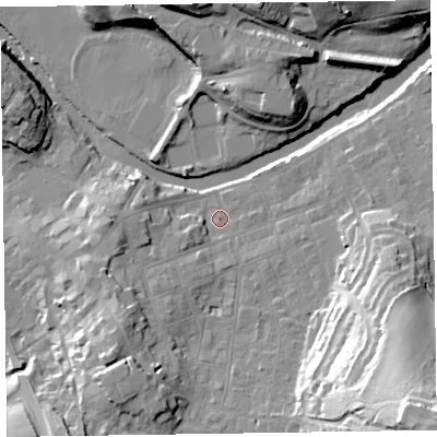 Shaded relief map of the ground around CA124HS, computed from Environment Agency LiDAR. The ground here sits at about 84 m above sea level and falls 47 m across the surrounding 800 m. Surface water reaching this point runs off ground lying to the south-east, 40.9 m higher.