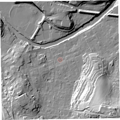 Shaded relief map of the ground around CA124HT, computed from Environment Agency LiDAR. The ground here sits at about 85 m above sea level and falls 48 m across the surrounding 800 m. Surface water reaching this point runs off ground lying to the south-east, 39.2 m higher.