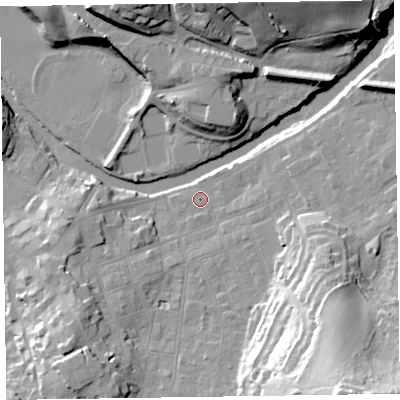 Shaded relief map of the ground around CA124HU, computed from Environment Agency LiDAR. The ground here sits at about 85 m above sea level and falls 44 m across the surrounding 800 m. Surface water reaching this point runs off ground lying to the south-east, 38.9 m higher.