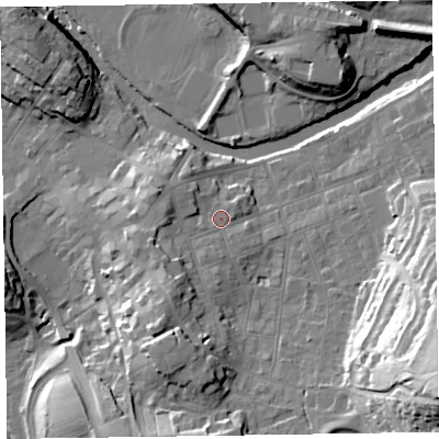 Shaded relief map of the ground around CA124HW, computed from Environment Agency LiDAR. The ground here sits at about 87 m above sea level and falls 43 m across the surrounding 800 m. Surface water reaching this point runs off ground lying to the south-south-west, 9.9 m higher.