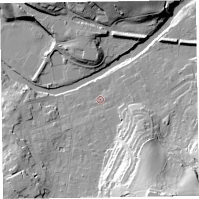 Shaded relief map of the ground around CA124HX, computed from Environment Agency LiDAR. The ground here sits at about 86 m above sea level and falls 45 m across the surrounding 800 m. Surface water reaching this point runs off ground lying to the south-east, 14.0 m higher.