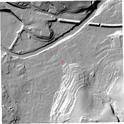 Shaded relief map of the ground around CA124HY, computed from Environment Agency LiDAR. The ground here sits at about 88 m above sea level and falls 44 m across the surrounding 800 m. Surface water reaching this point runs off ground lying to the south-east, 5.4 m higher.