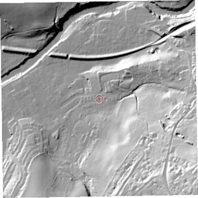 Shaded relief map of the ground around CA124HZ, computed from Environment Agency LiDAR. The ground here sits at about 96 m above sea level and falls 87 m across the surrounding 800 m. Surface water reaching this point runs off ground lying to the north-east, 12.5 m higher.