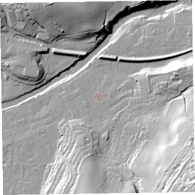 Shaded relief map of the ground around CA124JA, computed from Environment Agency LiDAR. The ground here sits at about 90 m above sea level and falls 58 m across the surrounding 800 m. Surface water reaching this point runs off ground lying to the east-south-east, 42.0 m higher.