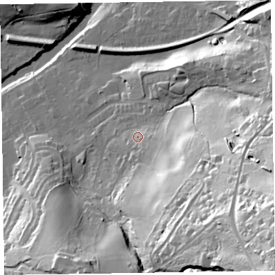 Shaded relief map of the ground around CA124JB, computed from Environment Agency LiDAR. The ground here sits at about 98 m above sea level and falls 89 m across the surrounding 800 m. Surface water reaching this point runs off ground lying to the south-east, 49.7 m higher.