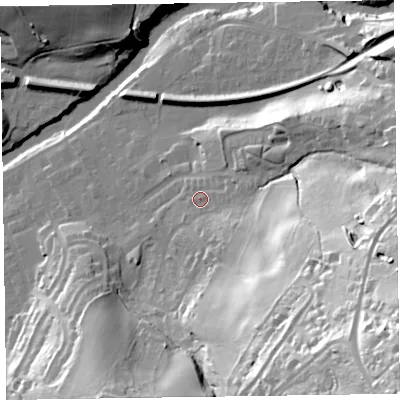 Shaded relief map of the ground around CA124JH, computed from Environment Agency LiDAR. The ground here sits at about 95 m above sea level and falls 83 m across the surrounding 800 m. Surface water reaching this point runs off ground lying to the south-east, 69.7 m higher.