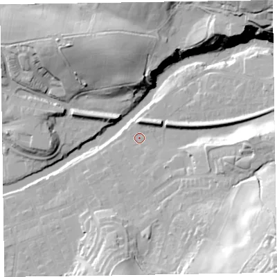 Shaded relief map of the ground around CA124JN, computed from Environment Agency LiDAR. The ground here sits at about 89 m above sea level and falls 52 m across the surrounding 800 m. Surface water reaching this point runs off ground lying to the east, 20.3 m higher.