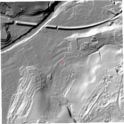 Shaded relief map of the ground around CA124JQ, computed from Environment Agency LiDAR. The ground here sits at about 93 m above sea level and falls 74 m across the surrounding 800 m. Surface water reaching this point runs off ground lying to the south-east, 64.4 m higher.