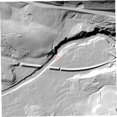 Shaded relief map of the ground around CA124JR, computed from Environment Agency LiDAR. The ground here sits at about 89 m above sea level and falls 81 m across the surrounding 800 m. Surface water reaching this point runs off ground lying to the east-south-east, 6.4 m higher.