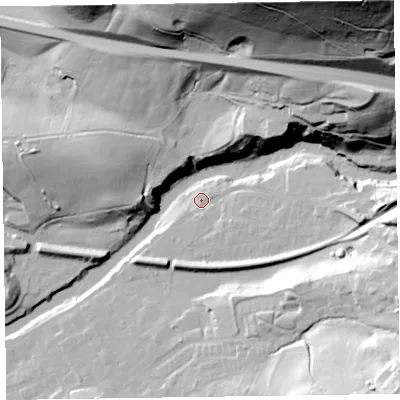 Shaded relief map of the ground around CA124JS, computed from Environment Agency LiDAR. The ground here sits at about 90 m above sea level and falls 106 m across the surrounding 800 m. Surface water reaching this point runs off ground lying to the east, 7.4 m higher.