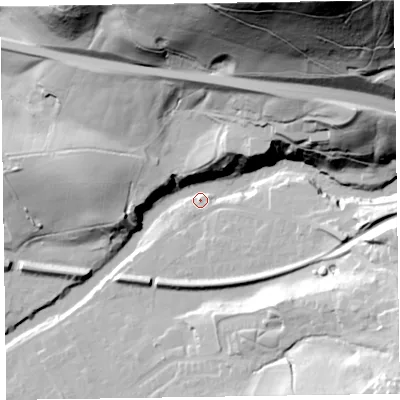 Shaded relief map of the ground around CA124JY, computed from Environment Agency LiDAR. The ground here sits at about 90 m above sea level and falls 130 m across the surrounding 800 m. Surface water reaching this point runs off ground lying to the east-north-east, 48.8 m higher.