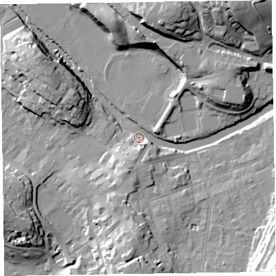 Shaded relief map of the ground around CA124ND, computed from Environment Agency LiDAR. The ground here sits at about 82 m above sea level and falls 34 m across the surrounding 800 m. Surface water reaching this point runs off ground lying to the north-east, 28.1 m higher.