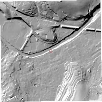 Shaded relief map of the ground around CA124NE, computed from Environment Agency LiDAR. The ground here sits at about 86 m above sea level and falls 35 m across the surrounding 800 m. Surface water reaching this point runs off ground lying to the north-north-east, 27.9 m higher.