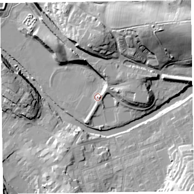 Shaded relief map of the ground around CA124NF, computed from Environment Agency LiDAR. The ground here sits at about 84 m above sea level and falls 32 m across the surrounding 800 m. Surface water reaching this point runs off ground lying to the east, 3.9 m higher.