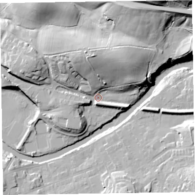 Shaded relief map of the ground around CA124NL, computed from Environment Agency LiDAR. The ground here sits at about 89 m above sea level and falls 55 m across the surrounding 800 m. Surface water reaching this point runs off ground lying to the north-north-east, 22.2 m higher.