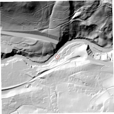 Shaded relief map of the ground around CA124NX, computed from Environment Agency LiDAR. The ground here sits at about 95 m above sea level and falls 160 m across the surrounding 800 m. Surface water reaching this point runs off ground lying to the north-north-west, 155.0 m higher.