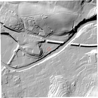 Shaded relief map of the ground around CA124NZ, computed from Environment Agency LiDAR. The ground here sits at about 87 m above sea level and falls 36 m across the surrounding 800 m. Surface water reaching this point runs off ground lying to the north-north-east, 23.7 m higher.