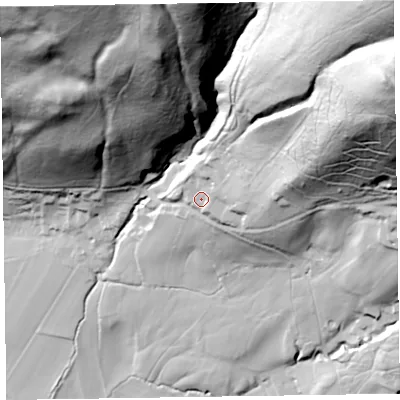 Shaded relief map of the ground around CA124PL, computed from Environment Agency LiDAR. The ground here sits at about 143 m above sea level and falls 185 m across the surrounding 800 m. Surface water reaching this point runs off ground lying to the east-north-east, 122.7 m higher.