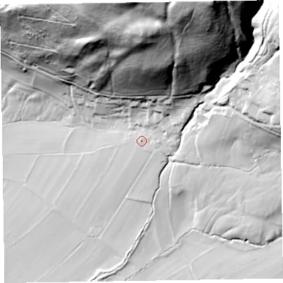 Shaded relief map of the ground around CA124PN, computed from Environment Agency LiDAR. The ground here sits at about 109 m above sea level and falls 145 m across the surrounding 800 m. Surface water reaching this point runs off ground lying to the north-north-east, 116.5 m higher.