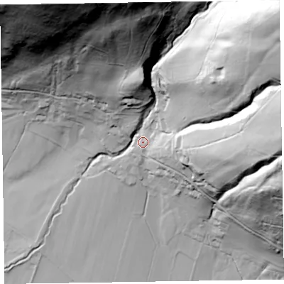 Shaded relief map of the ground around CA124PS, computed from Environment Agency LiDAR. The ground here sits at about 119 m above sea level and falls 168 m across the surrounding 800 m. Surface water reaching this point runs off ground lying to the north-east, 123.4 m higher.