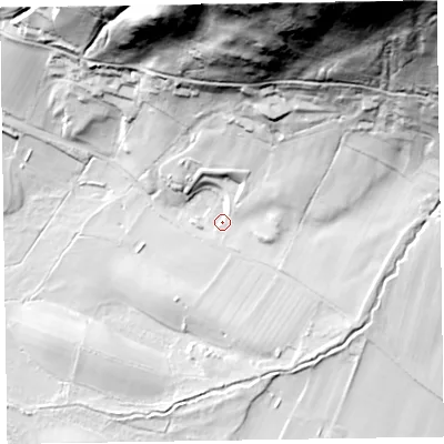 Shaded relief map of the ground around CA124PY, computed from Environment Agency LiDAR. The ground here sits at about 84 m above sea level and falls 127 m across the surrounding 800 m. Surface water reaching this point runs off ground lying to the north-north-east, 115.7 m higher.
