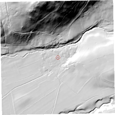 Shaded relief map of the ground around CA124QP, computed from Environment Agency LiDAR. The ground here sits at about 96 m above sea level and falls 131 m across the surrounding 800 m. Surface water reaching this point runs off ground lying to the east, 22.6 m higher.