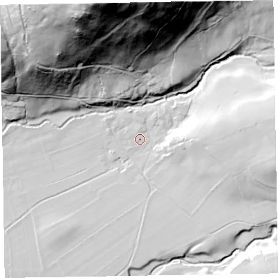 Shaded relief map of the ground around CA124QR, computed from Environment Agency LiDAR. The ground here sits at about 96 m above sea level and falls 122 m across the surrounding 800 m. Surface water reaching this point runs off ground lying to the east, 22.6 m higher.