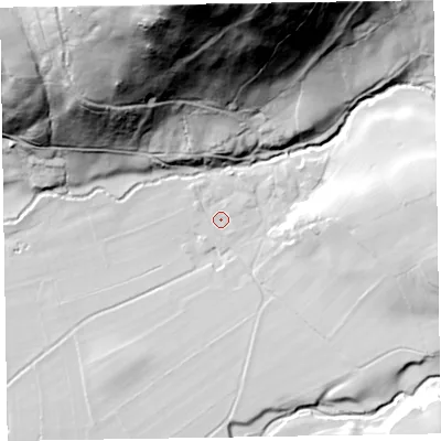 Shaded relief map of the ground around CA124QS, computed from Environment Agency LiDAR. The ground here sits at about 95 m above sea level and falls 122 m across the surrounding 800 m. Surface water reaching this point runs off ground lying to the east, 26.3 m higher.