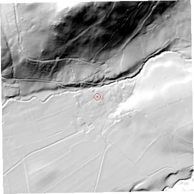 Shaded relief map of the ground around CA124QT, computed from Environment Agency LiDAR. The ground here sits at about 96 m above sea level and falls 131 m across the surrounding 800 m. Surface water reaching this point runs off ground lying to the north-east, 1.6 m higher.