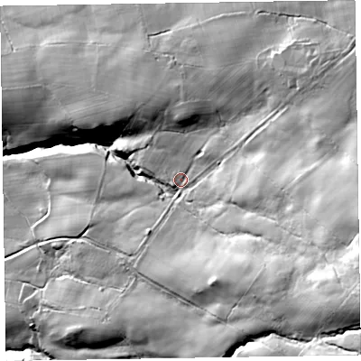 Shaded relief map of the ground around CA124QX, computed from Environment Agency LiDAR. The ground here sits at about 193 m above sea level and falls 88 m across the surrounding 800 m. Surface water reaching this point runs off ground lying to the east-south-east, 45.0 m higher.