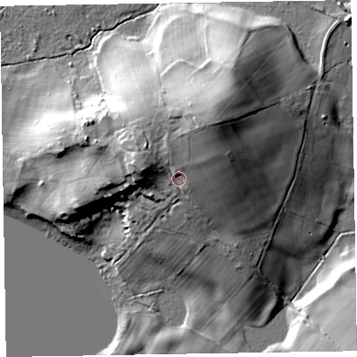 Shaded relief map of the ground around CA124QZ, computed from Environment Agency LiDAR. The ground here sits at about 86 m above sea level and falls 26 m across the surrounding 800 m. Surface water reaching this point runs off ground lying to the north-north-east, 8.5 m higher.