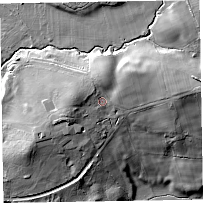 Shaded relief map of the ground around CA124RD, computed from Environment Agency LiDAR. The ground here sits at about 92 m above sea level and falls 30 m across the surrounding 800 m. Surface water reaching this point runs off ground lying to the west, 5.5 m higher.