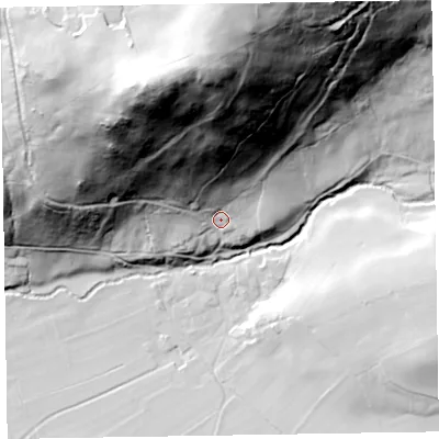 Shaded relief map of the ground around CA124RJ, computed from Environment Agency LiDAR. The ground here sits at about 108 m above sea level and falls 130 m across the surrounding 800 m. Surface water reaching this point runs off ground lying to the north-north-west, 112.2 m higher.