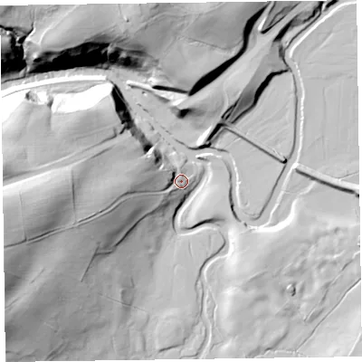 Shaded relief map of the ground around CA124RS, computed from Environment Agency LiDAR. The ground here sits at about 137 m above sea level and falls 43 m across the surrounding 800 m. Surface water reaching this point runs off ground lying to the west, 28.1 m higher.