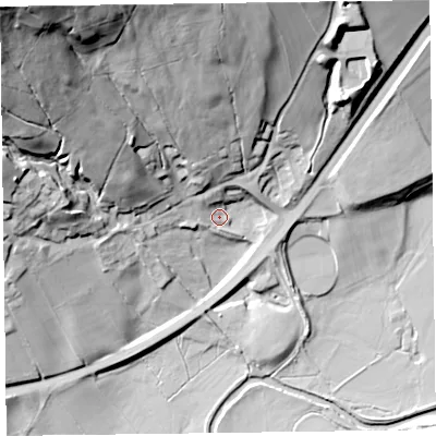 Shaded relief map of the ground around CA124SE, computed from Environment Agency LiDAR. The ground here sits at about 147 m above sea level and falls 70 m across the surrounding 800 m. Surface water reaching this point runs off ground lying to the north-west, 59.2 m higher.