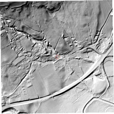 Shaded relief map of the ground around CA124SQ, computed from Environment Agency LiDAR. The ground here sits at about 154 m above sea level and falls 87 m across the surrounding 800 m. Surface water reaching this point runs off ground lying to the north-west, 69.1 m higher.