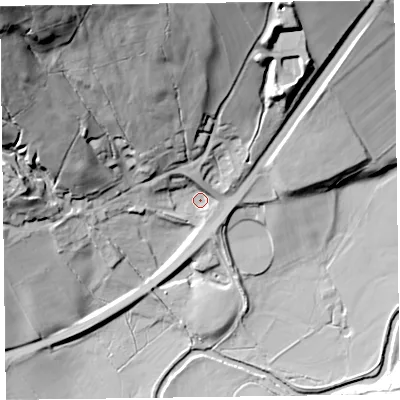 Shaded relief map of the ground around CA124SS, computed from Environment Agency LiDAR. The ground here sits at about 146 m above sea level and falls 67 m across the surrounding 800 m. Surface water reaching this point runs off ground lying to the north-north-west, 40.9 m higher.
