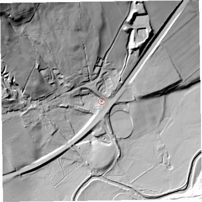 Shaded relief map of the ground around CA124ST, computed from Environment Agency LiDAR. The ground here sits at about 147 m above sea level and falls 65 m across the surrounding 800 m. Surface water reaching this point runs off ground lying to the north, 35.9 m higher.