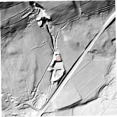 Shaded relief map of the ground around CA124SU, computed from Environment Agency LiDAR. The ground here sits at about 175 m above sea level and falls 121 m across the surrounding 800 m. Surface water reaching this point runs off ground lying to the north-north-west, 7.2 m higher.