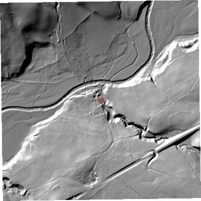 Shaded relief map of the ground around CA124SZ, computed from Environment Agency LiDAR. The ground here sits at about 154 m above sea level and falls 49 m across the surrounding 800 m. Surface water reaching this point runs off ground lying to the south-east, 44.1 m higher.