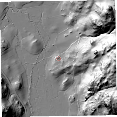 Shaded relief map of the ground around CA124TF, computed from Environment Agency LiDAR. The ground here sits at about 158 m above sea level and falls 155 m across the surrounding 800 m. Surface water reaching this point runs off ground lying to the south-south-east, 7.3 m higher.