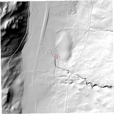 Shaded relief map of the ground around CA124TN, computed from Environment Agency LiDAR. The ground here sits at about 178 m above sea level and falls 183 m across the surrounding 800 m. Surface water reaching this point runs off ground lying to the east-south-east, 159.7 m higher.