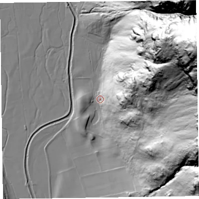 Shaded relief map of the ground around CA124TS, computed from Environment Agency LiDAR. The ground here sits at about 152 m above sea level and falls 319 m across the surrounding 800 m. Surface water reaching this point runs off ground lying to the east-north-east, 310.6 m higher.